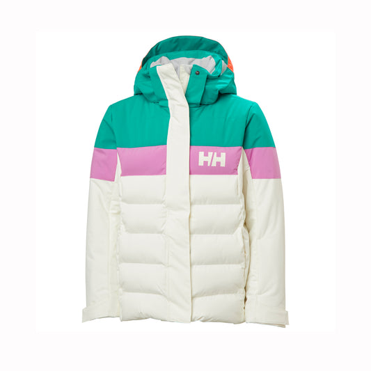 Two-tone puffer jacket with teal and white design on a white background