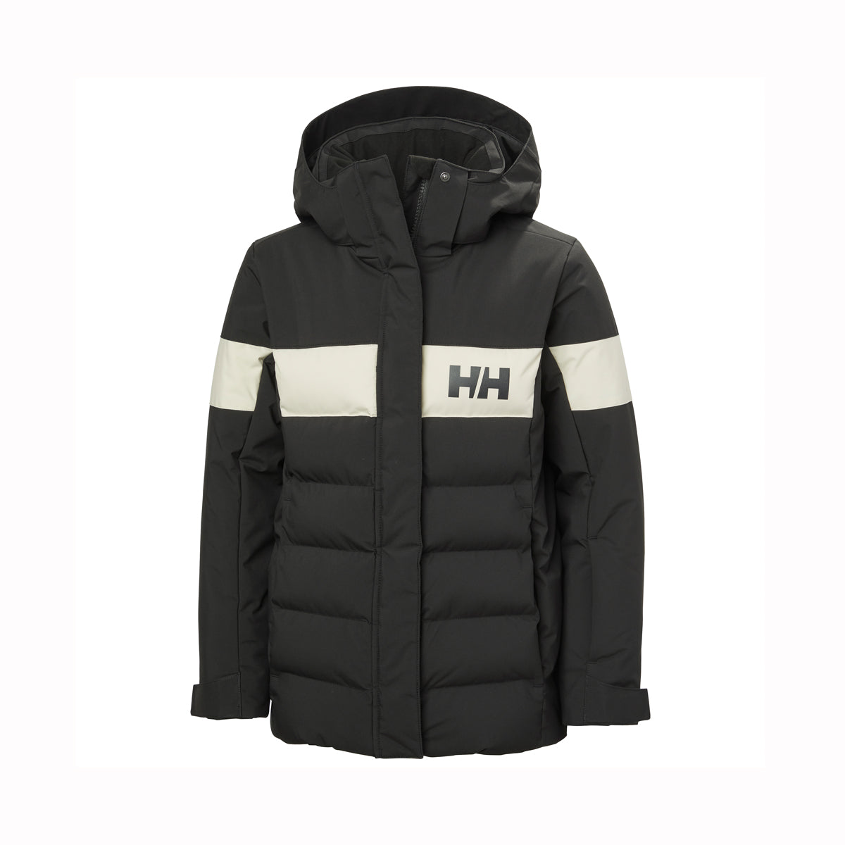 A black hooded puffer jacket with horizontal quilting, featuring a contrasting light beige chest stripe and a matching light beige horizontal band across the upper arms. The left chest displays the 'HH' logo of Helly Hansen.