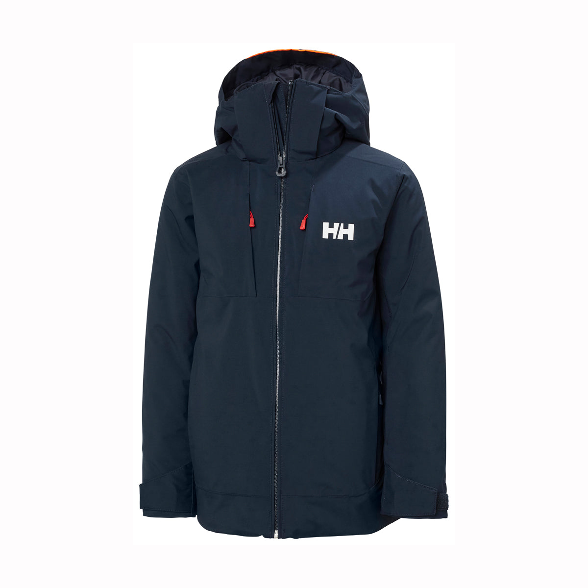 A dark navy blue hooded jacket with a white Helly Hansen 'HH' logo on the left chest, shown against a plain white background.
