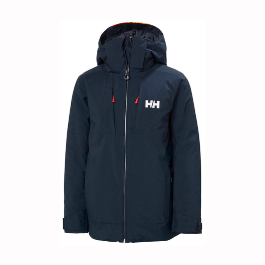 A dark navy blue hooded jacket with a white Helly Hansen 'HH' logo on the left chest, shown against a plain white background.