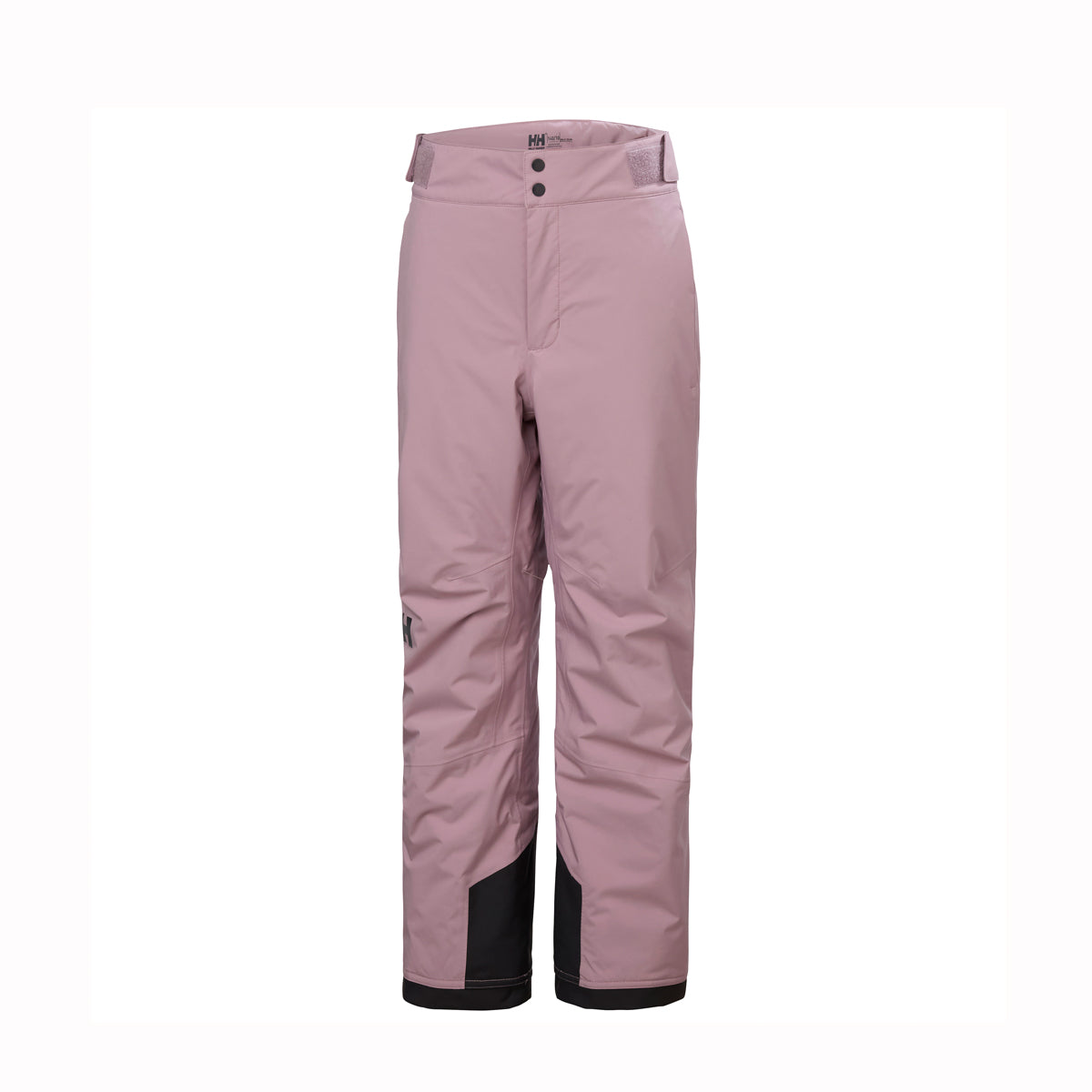 A pair of women's ski pants in dusty pink with black reinforced panels at the lower legs, shown against a plain white background.