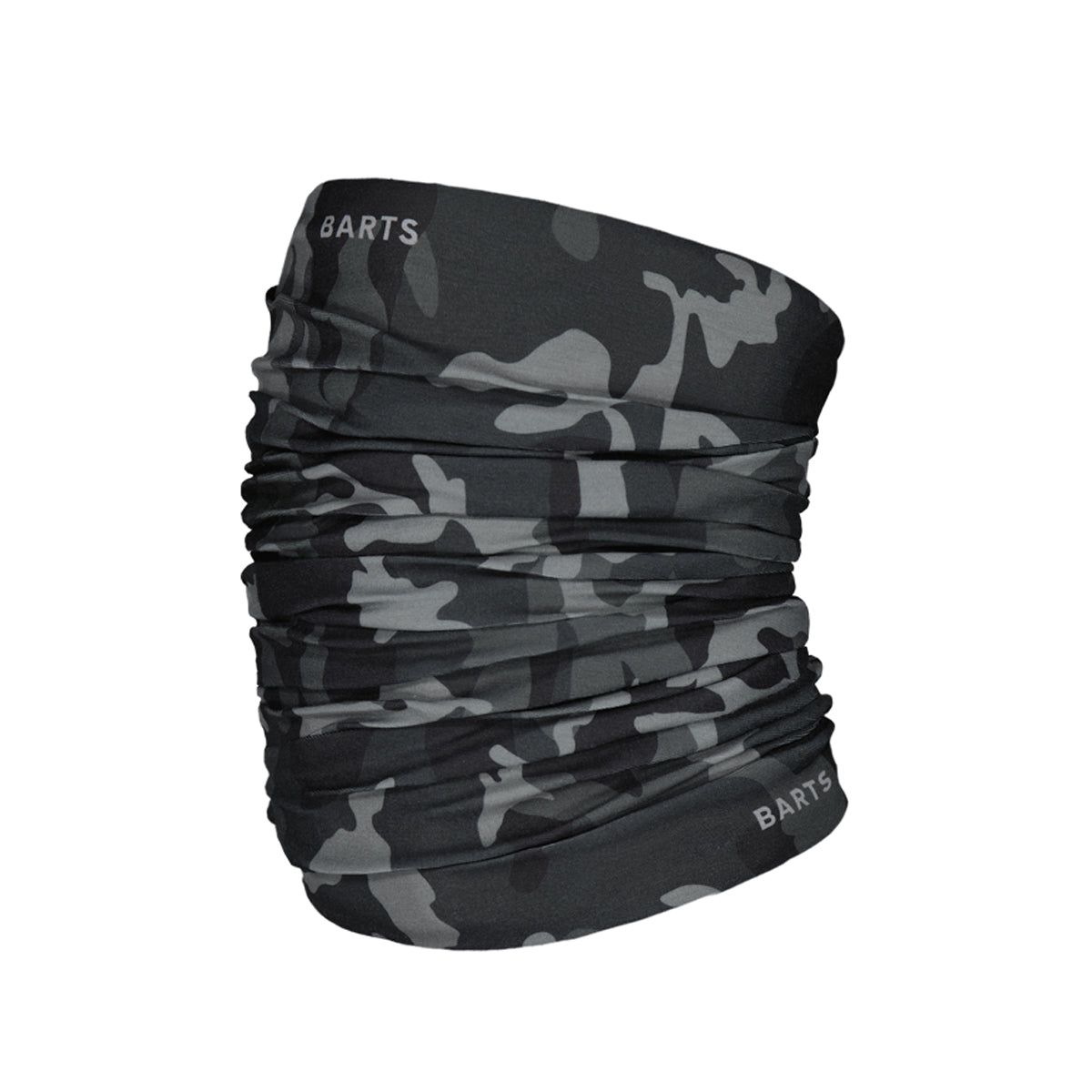 A black and grey camouflage kids neck gaiter with the brand name 'BARTS' printed in white on the top and bottom edges, shown on a solid white background.