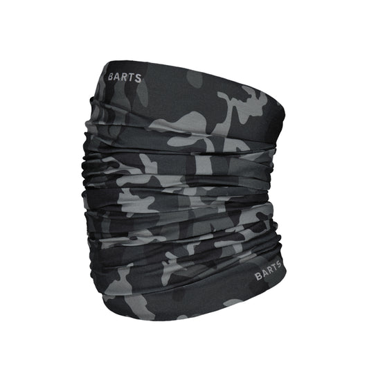 A black and grey camouflage kids neck gaiter with the brand name 'BARTS' printed in white on the top and bottom edges, shown on a solid white background.