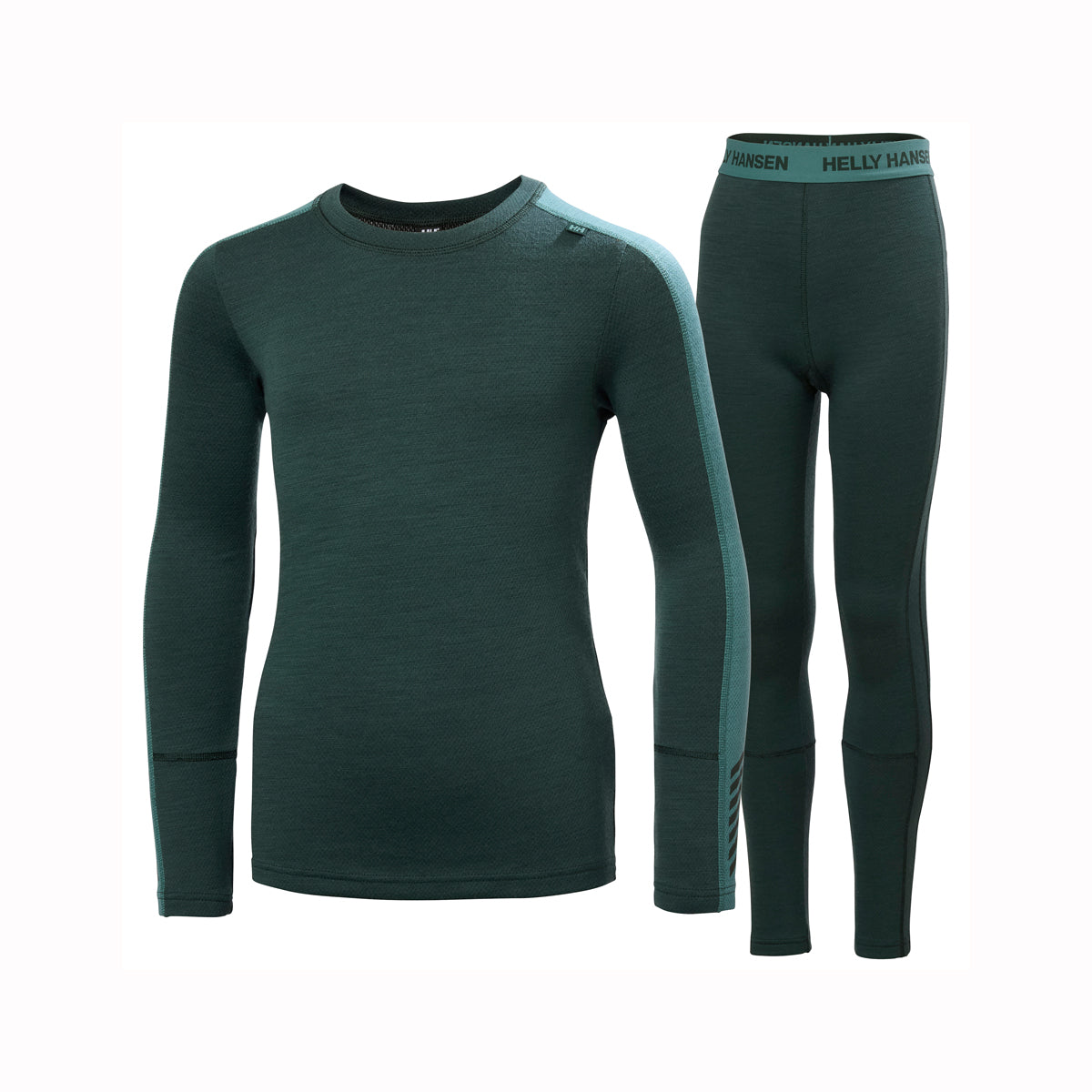 A two-piece men's base layer set from Helly Hansen, featuring a dark green long-sleeve top with light green side panels and matching dark green full-length leggings with a green waistband.