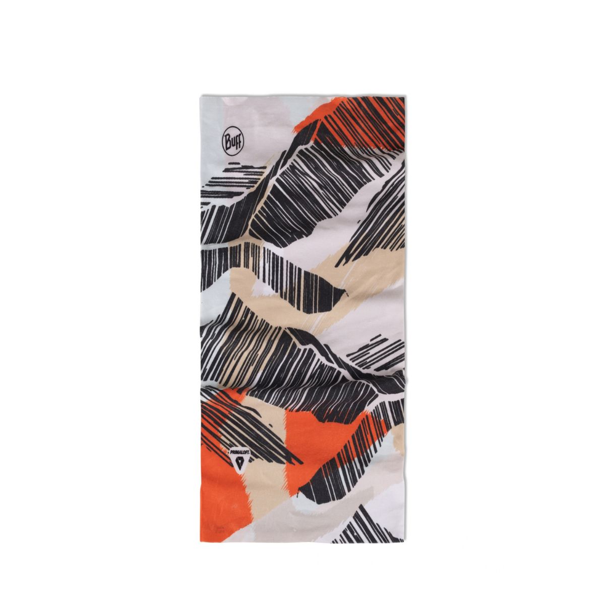 A neck gaiter featuring an abstract mountain pattern in black, orange, and beige on a white background, with a circular 'Buff' logo printed near the top left corner.