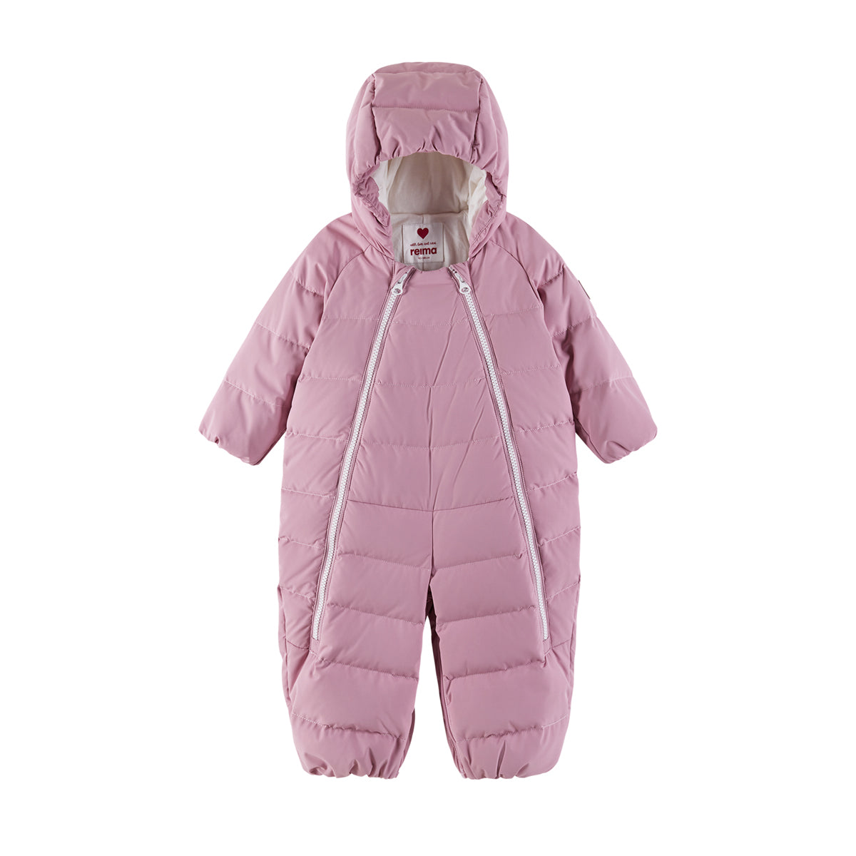 A pink hooded puffer snowsuit with a front zipper, quilted stitching, and elasticized cuffs and ankles, shown against a plain white background.