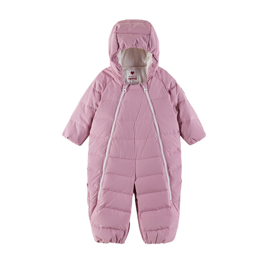 A pink hooded puffer snowsuit with a front zipper, quilted stitching, and elasticized cuffs and ankles, shown against a plain white background.