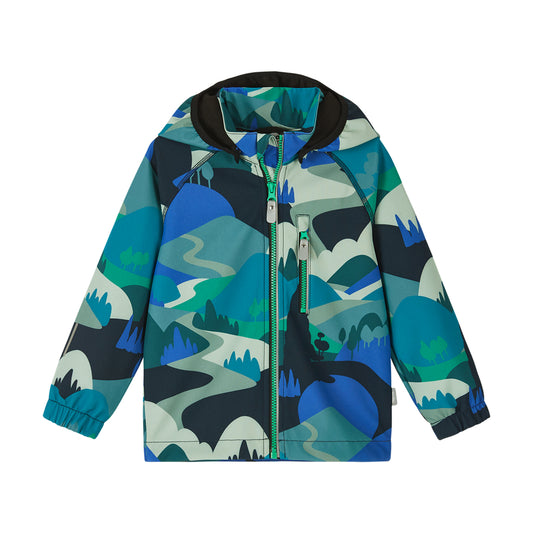 A hooded zip-up jacket with a colorful abstract landscape pattern in shades of blue, green, teal, and dark gray, featuring a black hood lining and a green zipper.