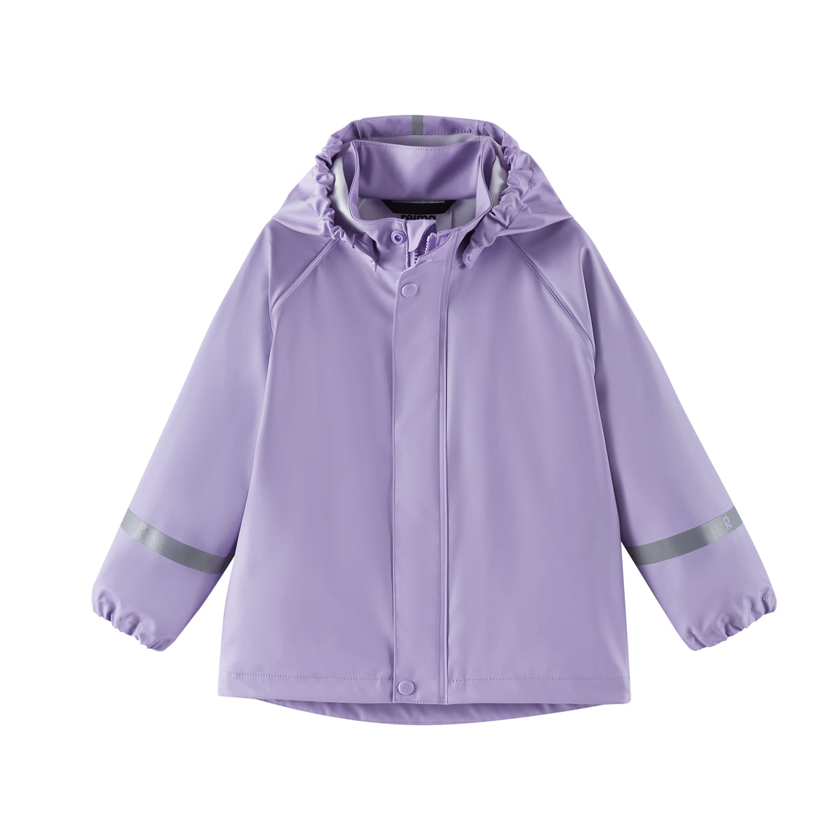 Purple girls raincoat with reflective stripes on a white background