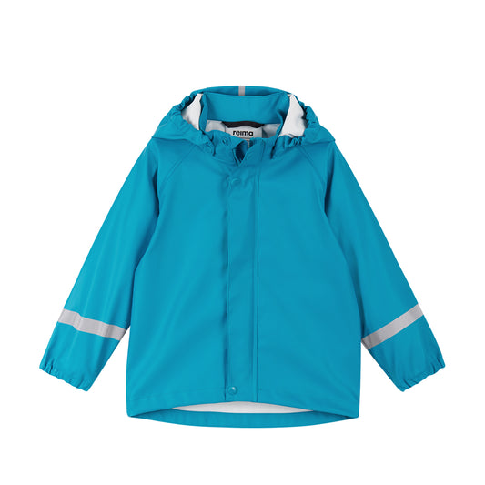 Blue kids raincoat with reflective stripes on a white background
