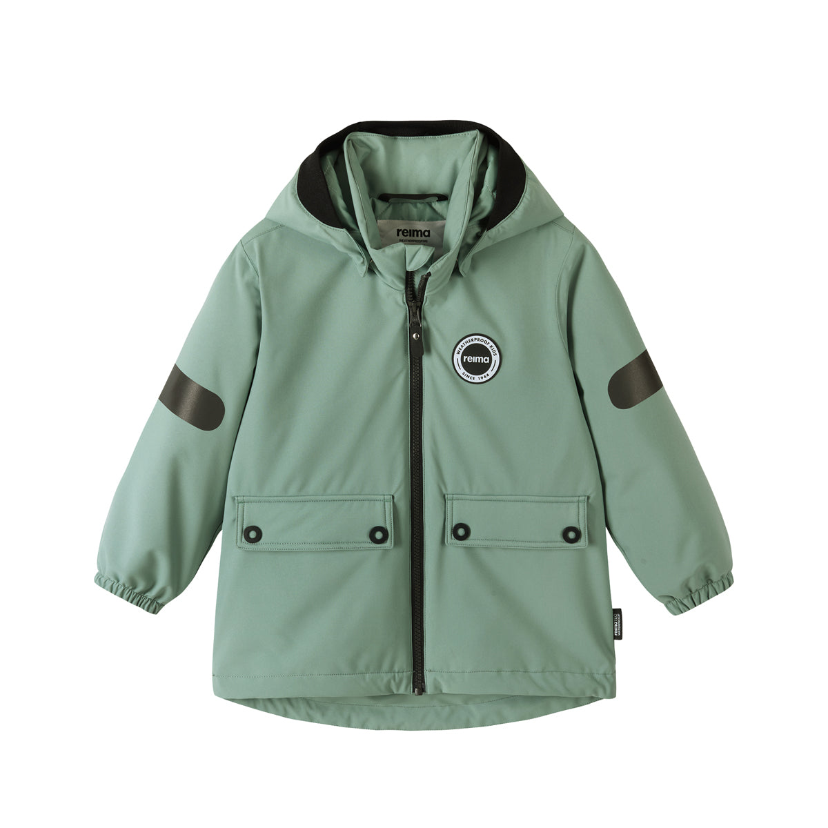 A sage green hooded kids jacket with dark brown elbow patches, a black zipper, and a circular logo patch on the left chest, displayed on a clean white background.