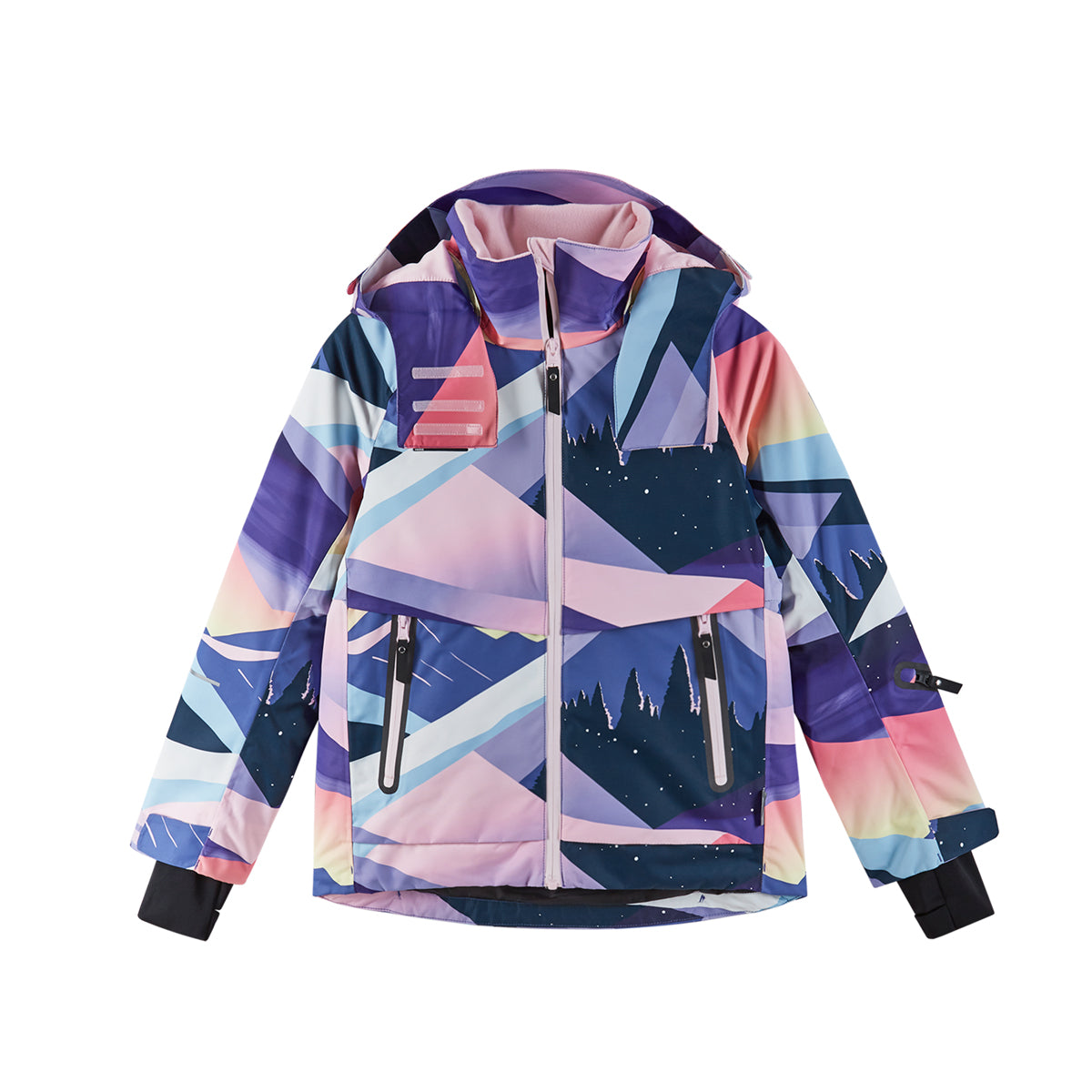 Multicolored geometric-patterned girls ski jacket on a white background