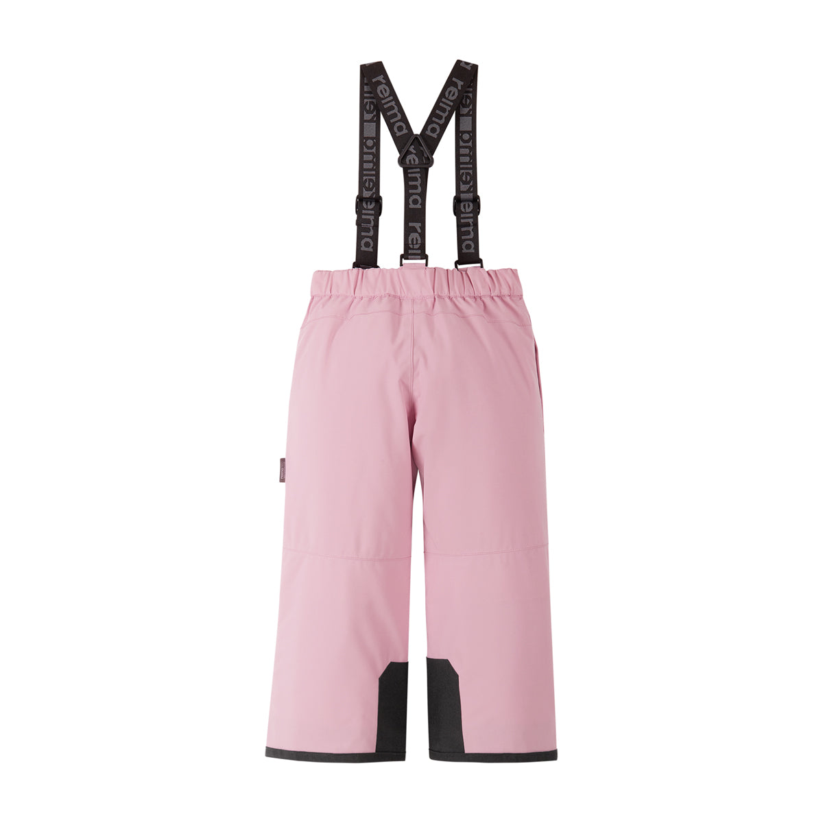 Pink snow pants with black suspenders featuring white text, shown against a plain white background.