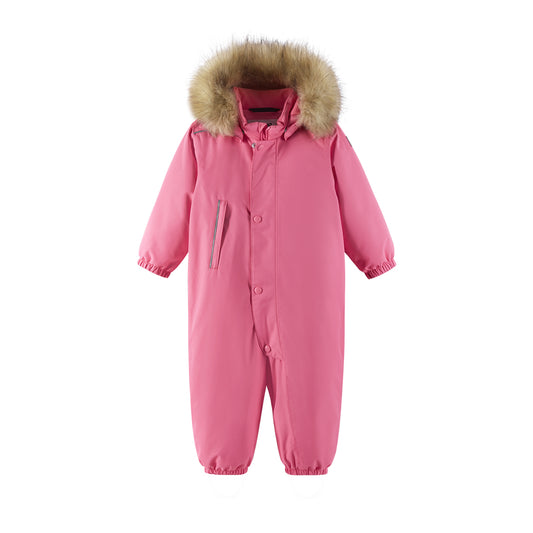 Pink toddler snowsuit with faux fur collar on white background