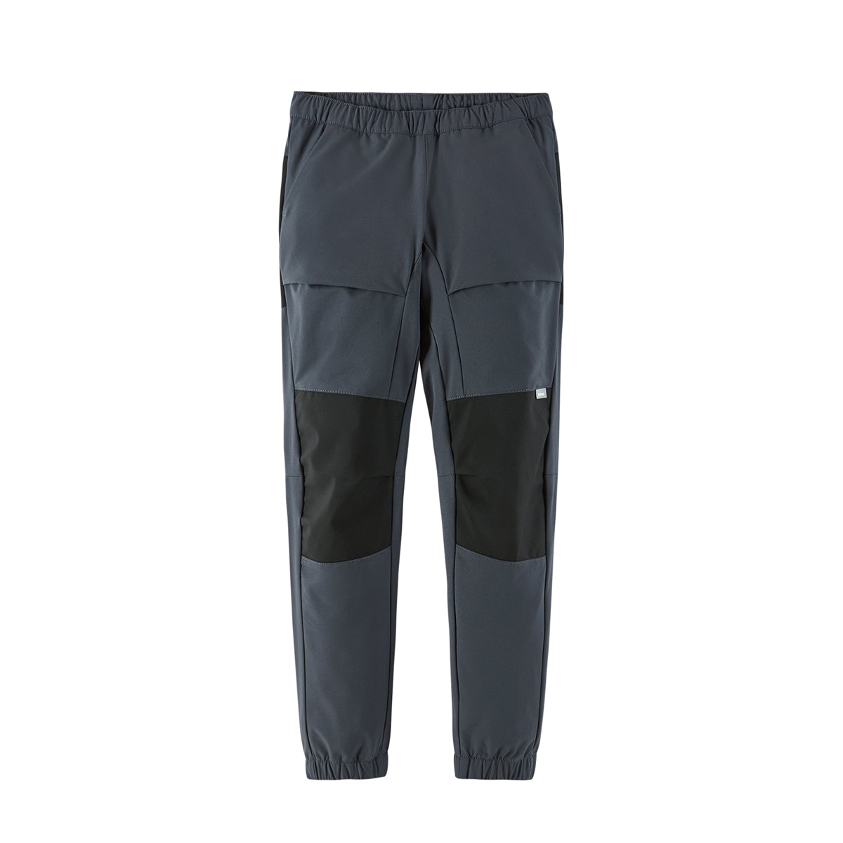 A pair of dark gray and black color-blocked athletic pants with an elastic waistband and tapered leg, shown against a plain white background.