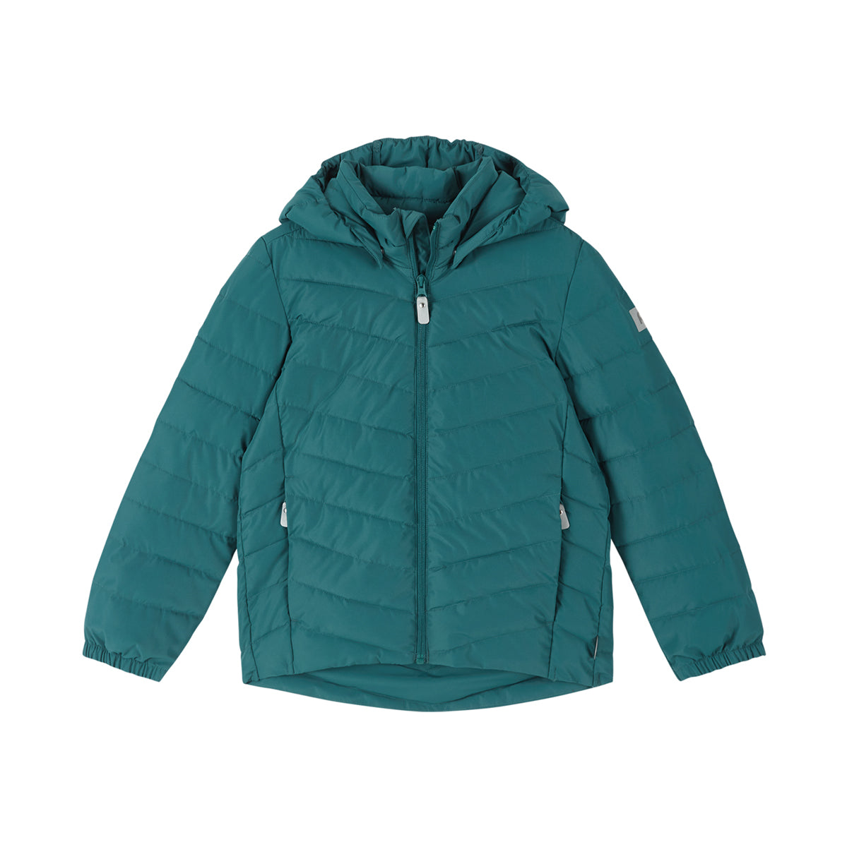 Teal puffer jacket on a white background
