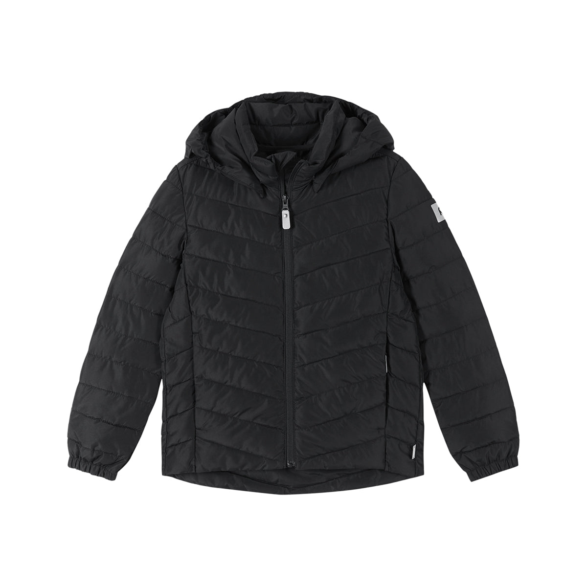 Black puffer jacket with a hood on a white background