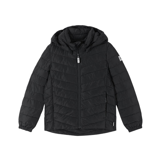 Black puffer jacket with a hood on a white background