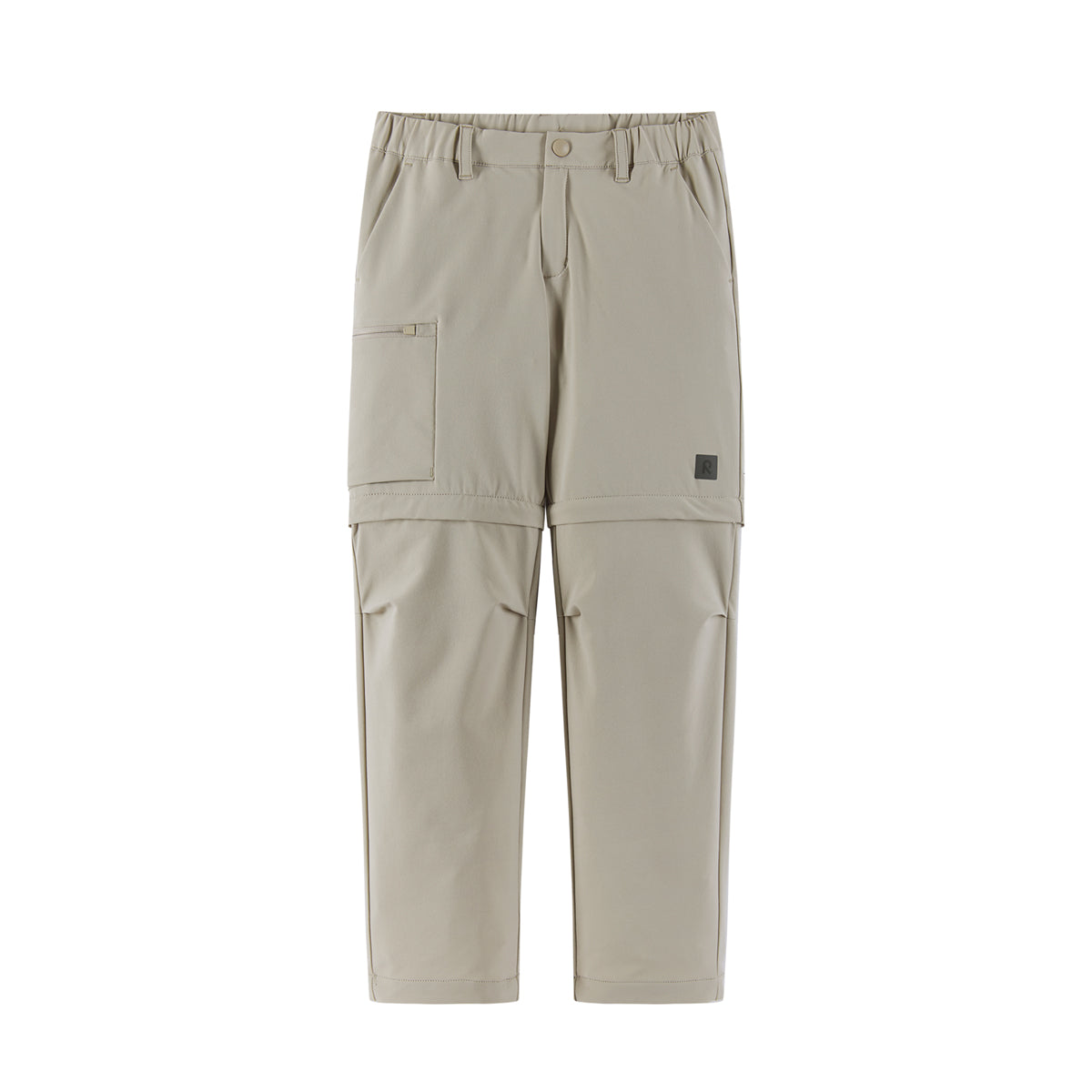Beige kids pants with a small logo on a white background