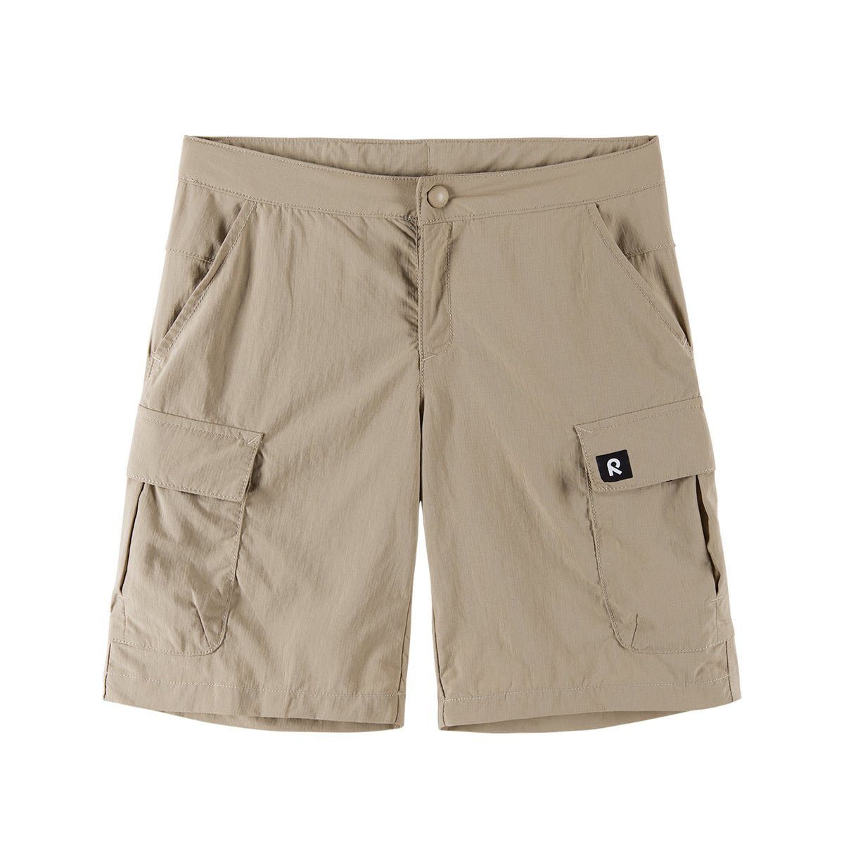 Beige boys cargo shorts with a brand logo on a white background