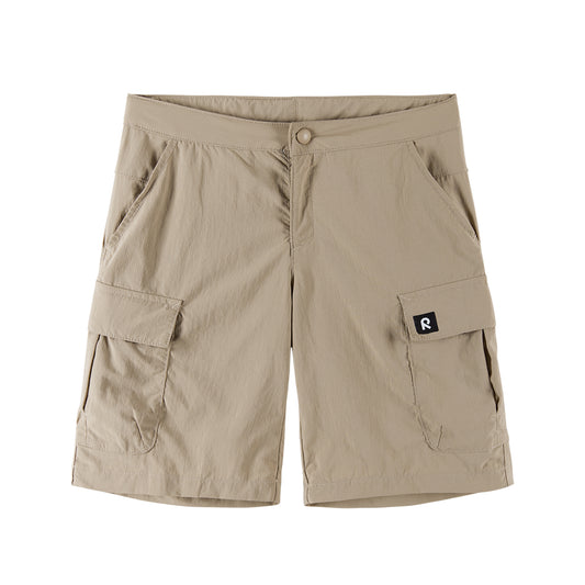 Beige boys cargo shorts with a brand logo on a white background