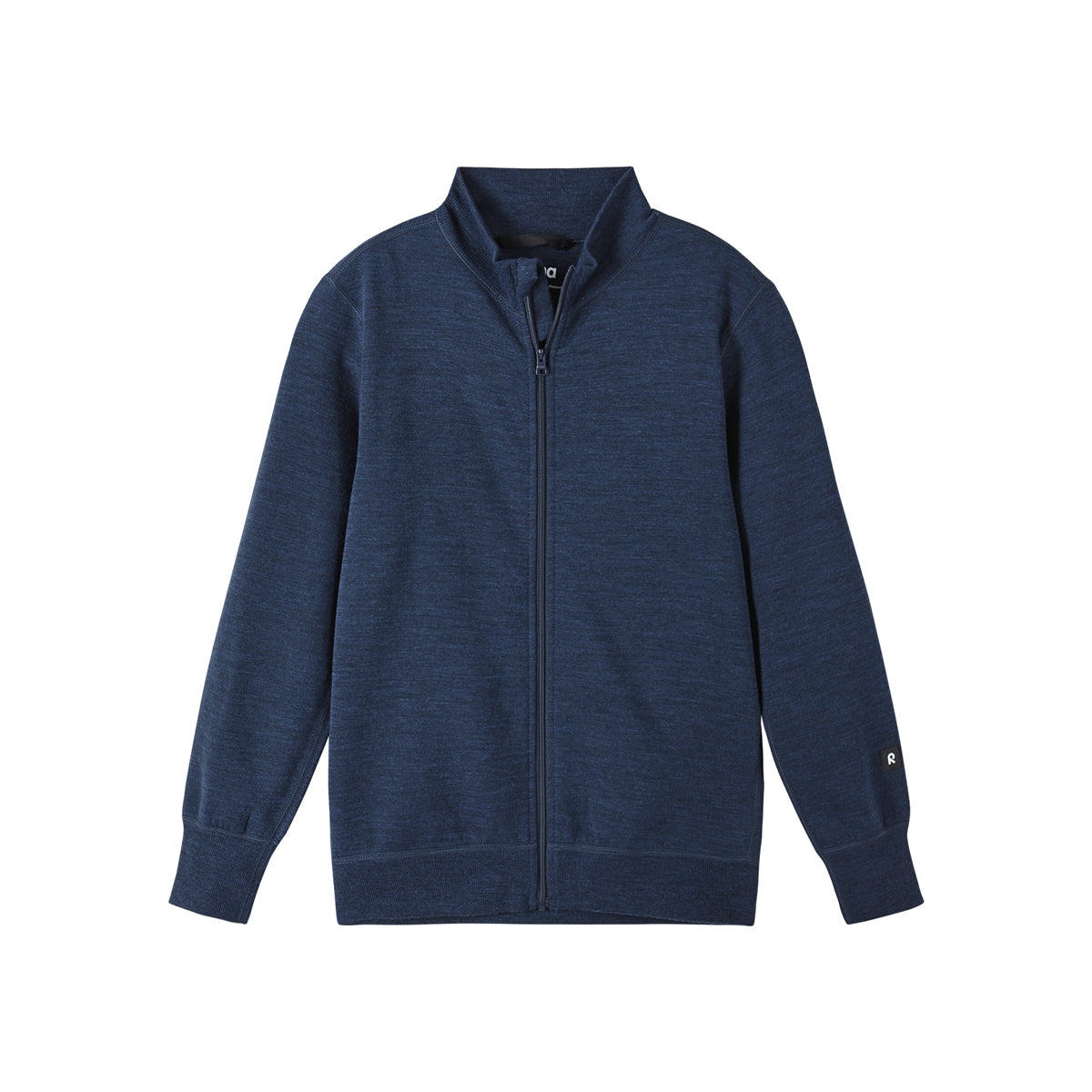 A navy blue zip-up jacket with a stand-up collar, ribbed cuffs, and a ribbed hem, shown flat against a plain white background.