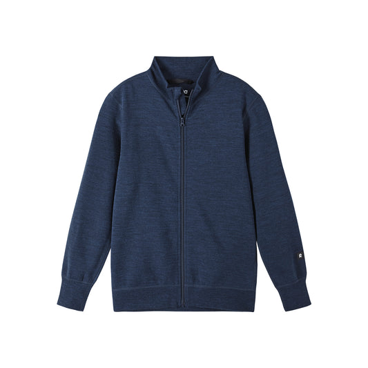 A navy blue zip-up jacket with a stand-up collar, ribbed cuffs, and a ribbed hem, shown flat against a plain white background.