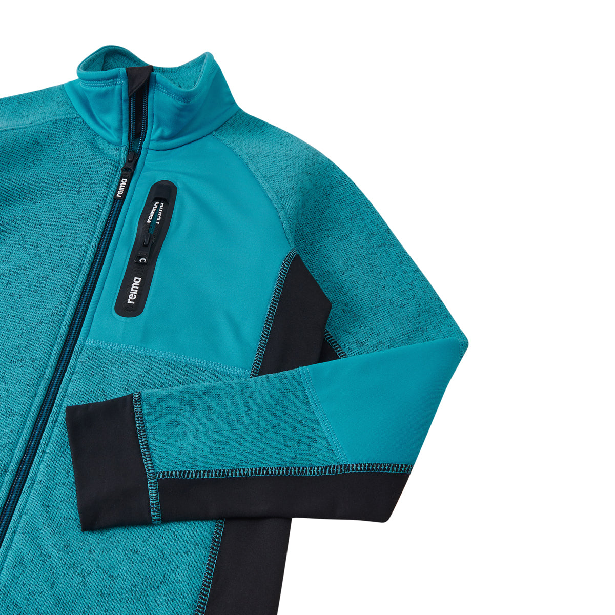 Close-up of a teal and black fleece jacket with a full zip, zippered chest pocket, and ribbed black cuffs and hem, shown on a white background.