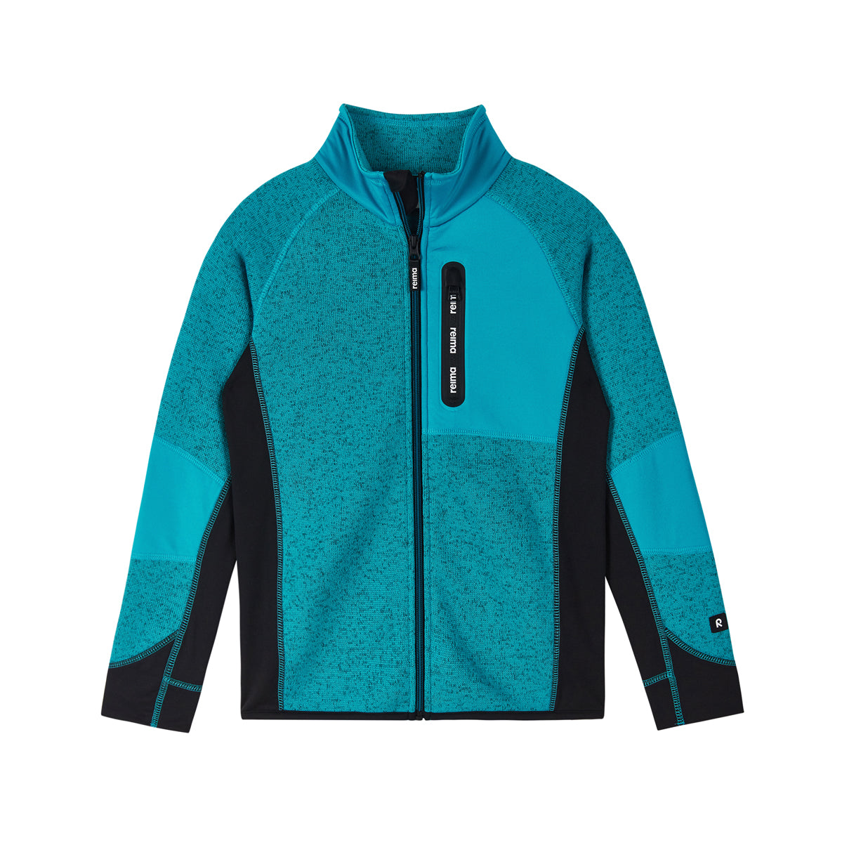 A teal and black zip-up fleece jacket with a stand-up collar, shown flat against a solid white background. The jacket features a heathered teal body, solid teal chest panel, black side panels, and a black vertical zippered pocket on the chest.