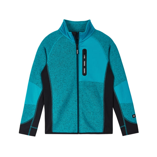 A teal and black zip-up fleece jacket with a stand-up collar, shown flat against a solid white background. The jacket features a heathered teal body, solid teal chest panel, black side panels, and a black vertical zippered pocket on the chest.