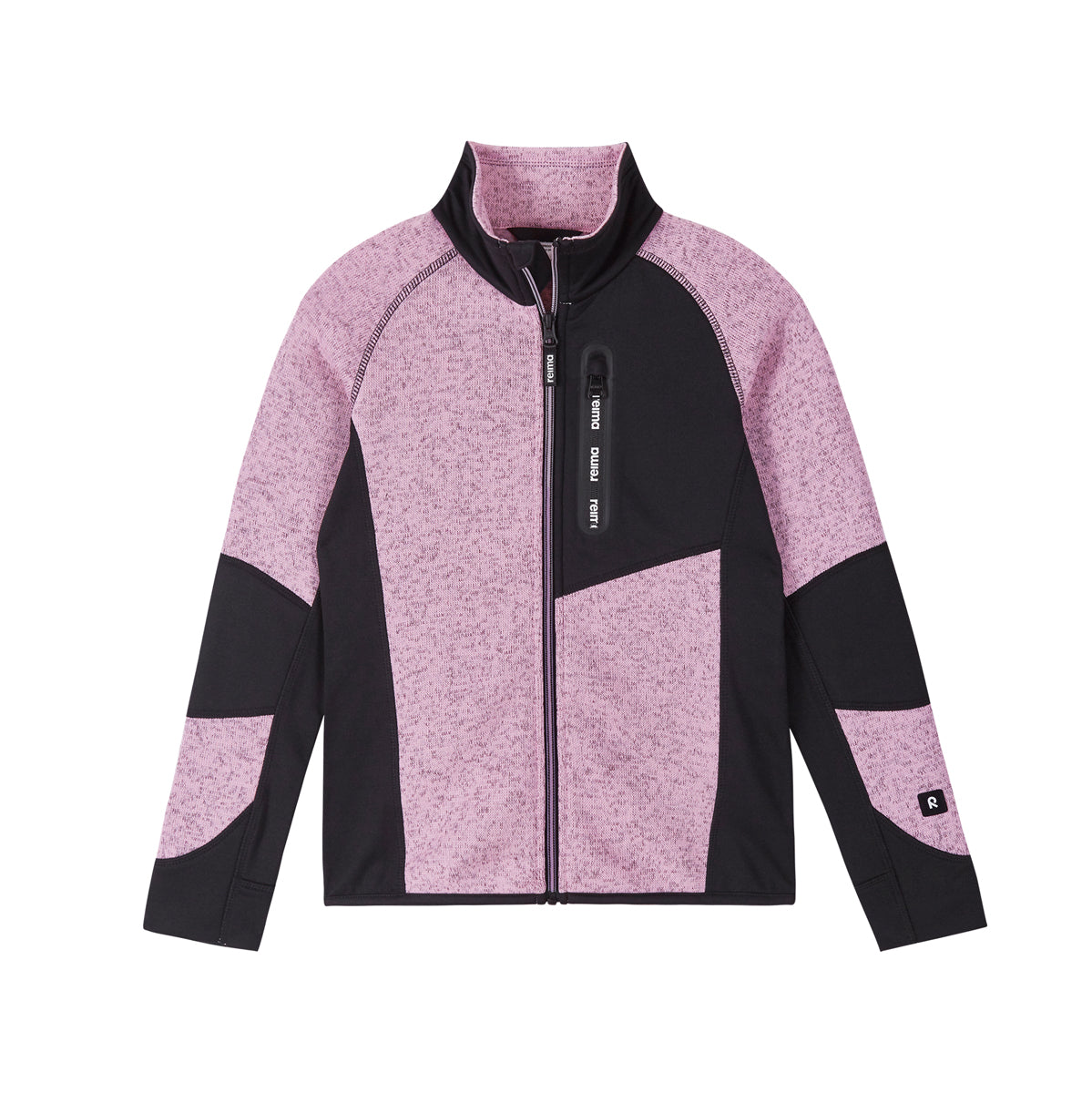 A Teen girls zip-up fleece jacket with a colour block design in heather pink and solid black, featuring a full front zipper, a vertical zippered chest pocket, and a stand-up collar.