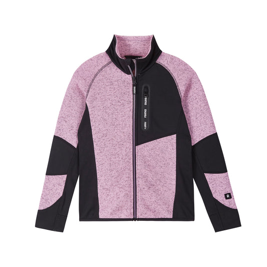 A Teen girls zip-up fleece jacket with a colour block design in heather pink and solid black, featuring a full front zipper, a vertical zippered chest pocket, and a stand-up collar.