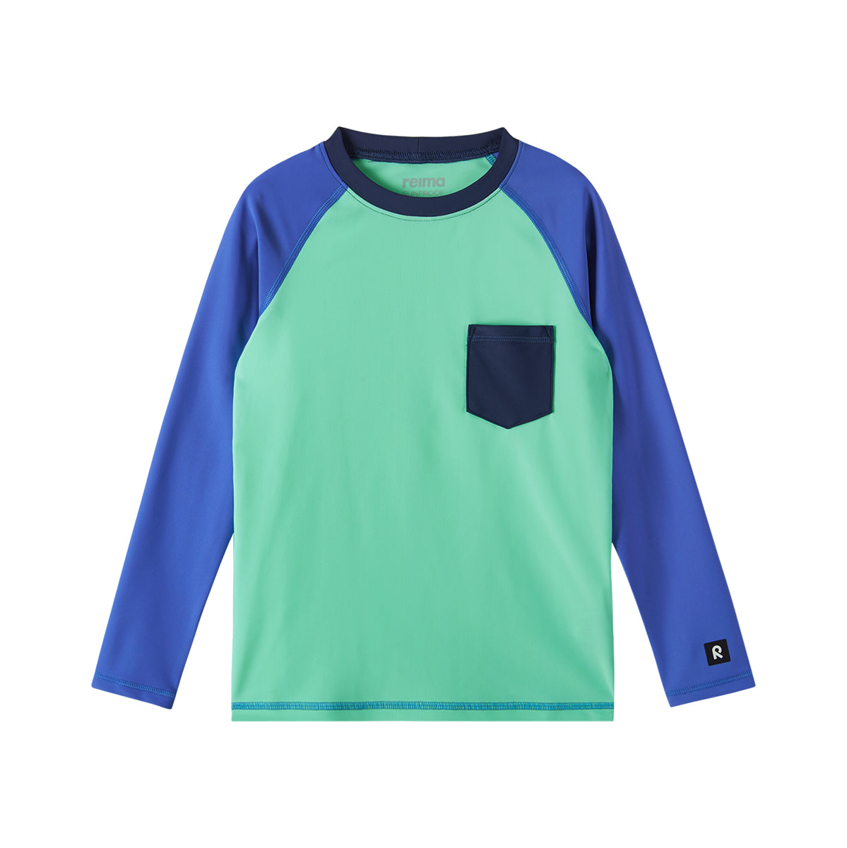 Blue and green kids UV long sleeved swim top on white background