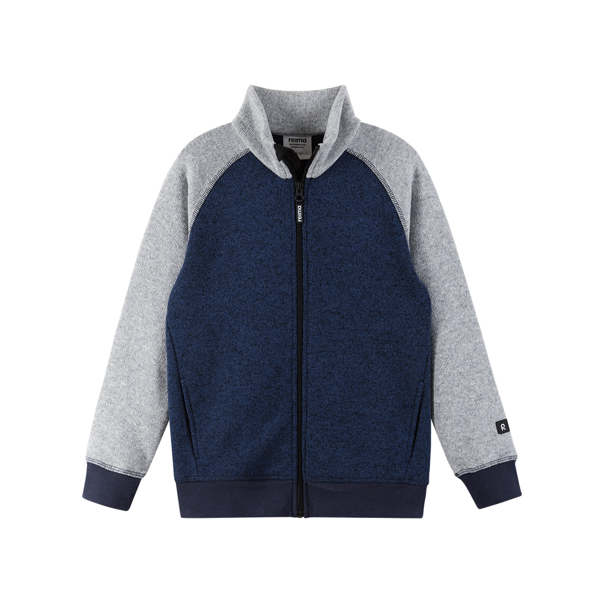 A color-blocked zip-up jacket with a navy blue body, heather gray raglan sleeves, and a matching navy ribbed collar, cuffs, and hem, shown on a plain white background.