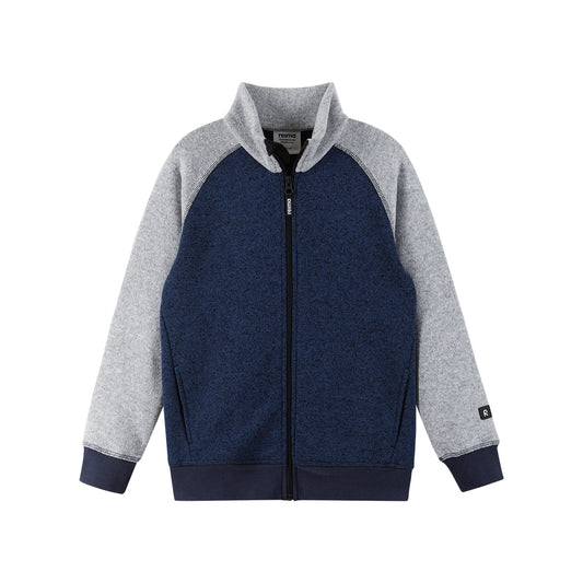 A color-blocked zip-up jacket with a navy blue body, heather gray raglan sleeves, and a matching navy ribbed collar, cuffs, and hem, shown on a plain white background.