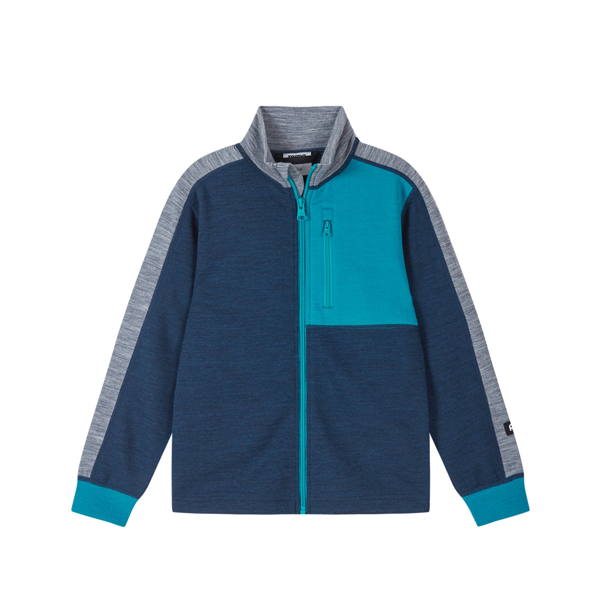 A youth full-zip fleece jacket in navy blue, teal, and heather gray, featuring a mock neck, zippered chest pocket, and ribbed cuffs.