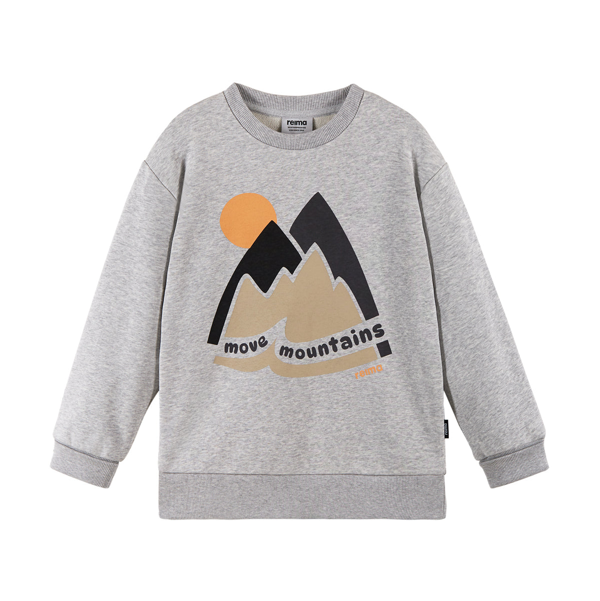 A light heather gray crewneck sweatshirt featuring a graphic print of stylized mountains in black and beige, a small orange sun, and the text 'move mountains' across the front.