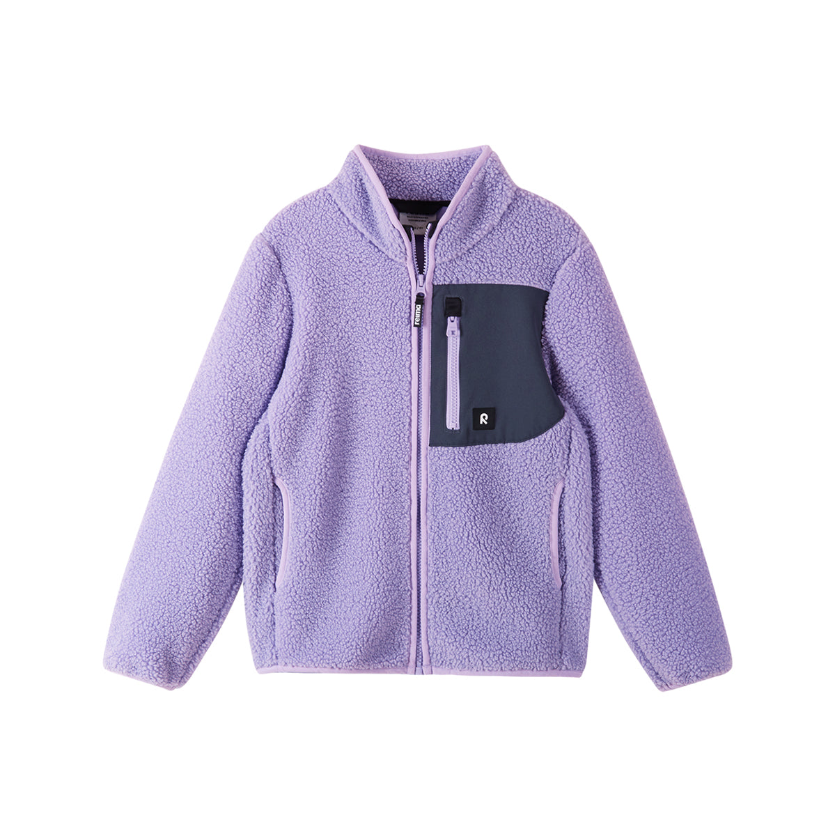 Purple fleece jacket with a black pocket on a white background