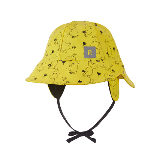 Yellow children's sun hat with black strap and Moomin pattern on a white background