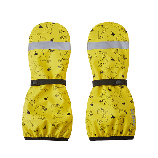 Pair of yellow rain mittens with moomin design on a white background