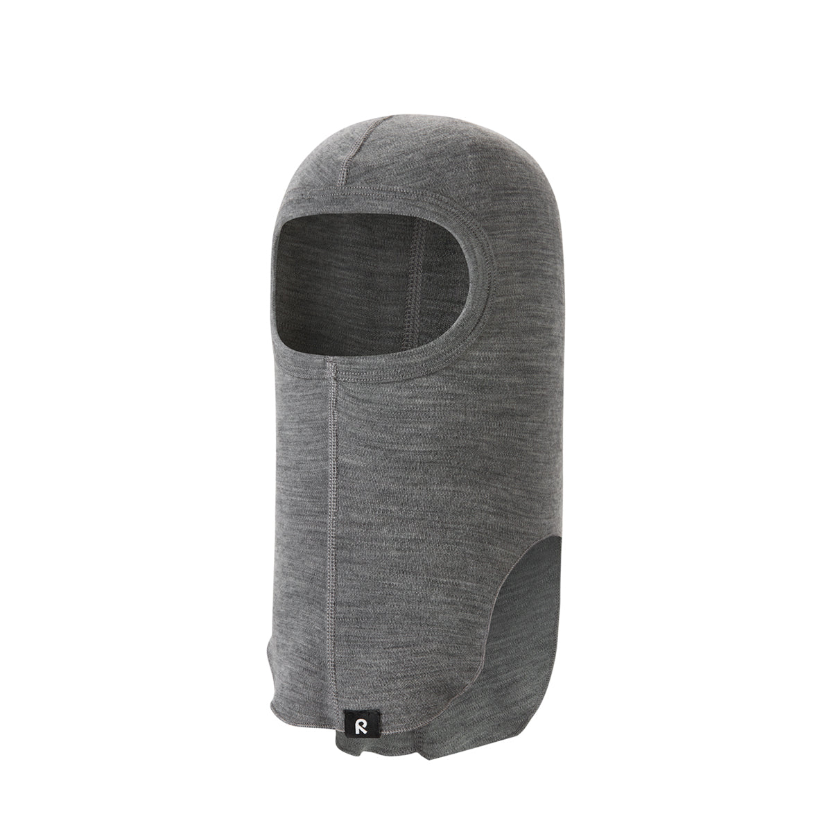 Gray kids balaclava with a brand logo on a white background