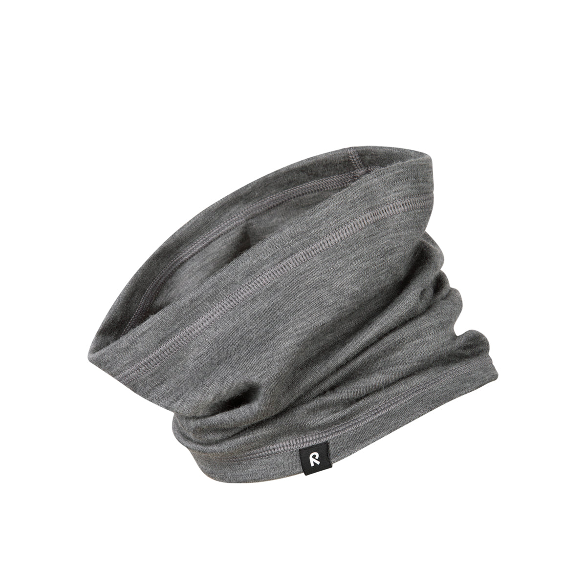 Gray neck gaiter with a brand logo on a white background