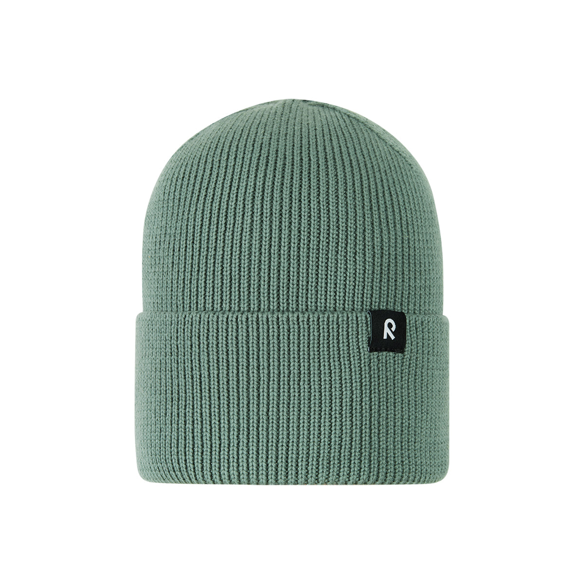 Green beanie with a logo on a white background