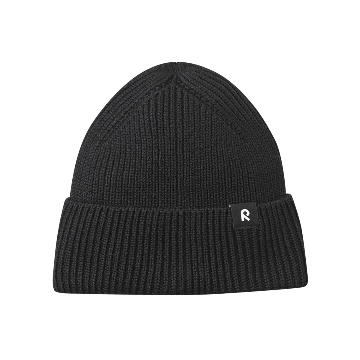 Black knit beanie with a logo on a white background