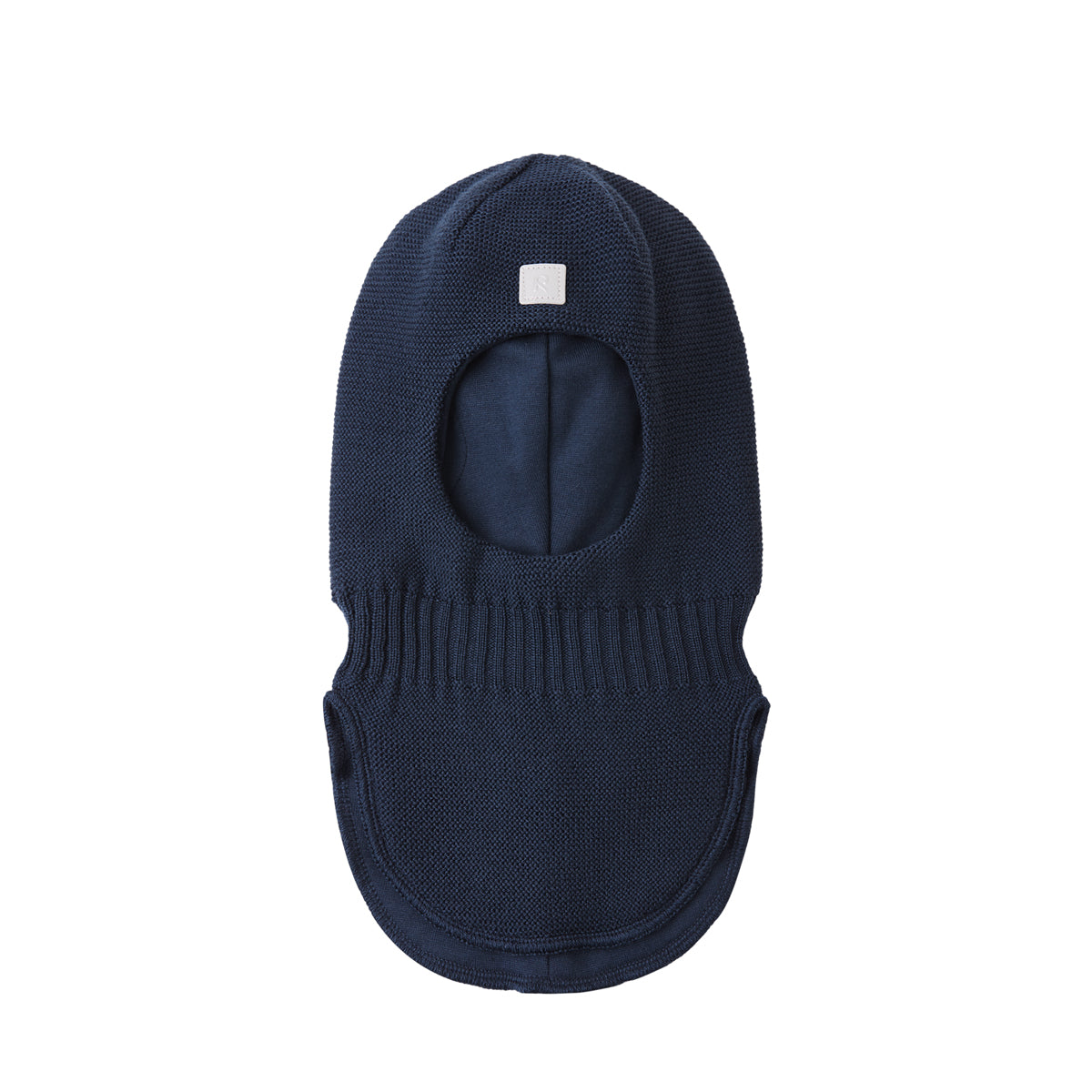 A navy blue knit balaclava mask with a small white square patch on the forehead, shown against a plain white background.