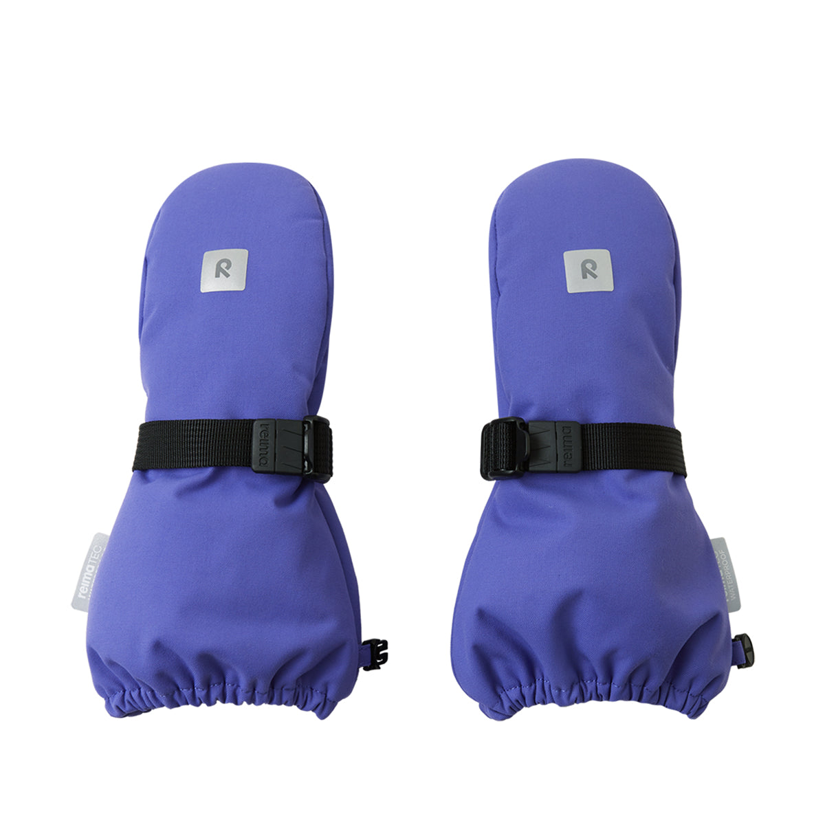 Pair of purple kids mittens with black straps on a white background
