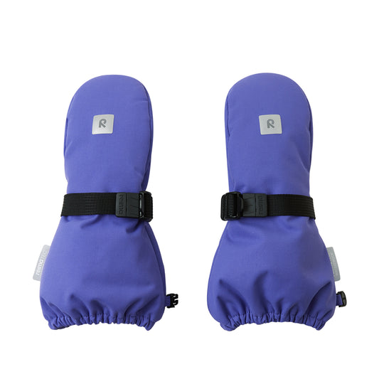 Pair of purple kids mittens with black straps on a white background