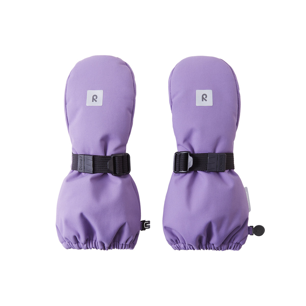 A pair of light purple mittens with black adjustable wrist straps and a small white square patch with a letter 'R' on each cuff, shown against a plain white background.