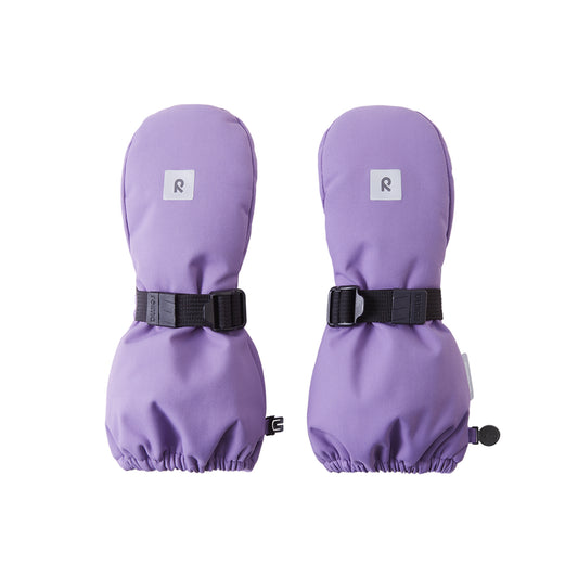 A pair of light purple mittens with black adjustable wrist straps and a small white square patch with a letter 'R' on each cuff, shown against a plain white background.