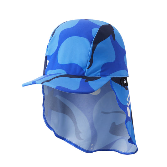 Blue camouflage kids sun hat with neck flap on a white background